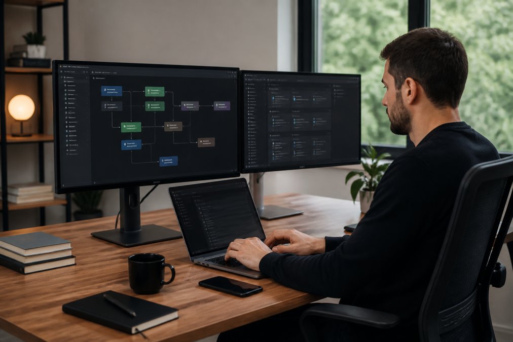 Profesional trabajando en su escritorio con múltiples pantallas, utilizando interfaces visuales de arrastrar y soltar para construir un modelo de IA, con herramientas no-code visibles en las pantallas