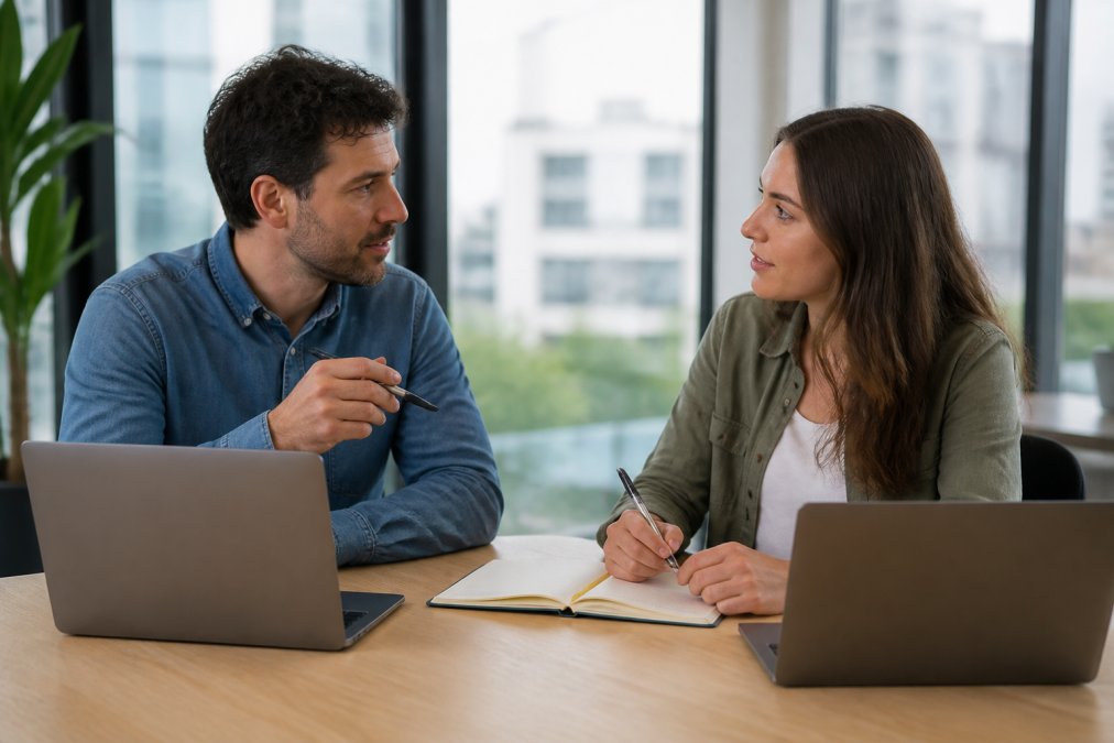 Dos profesionales de marketing colaborando en una mesa con portátiles y cuadernos abiertos, discutiendo estrategia en una oficina moderna y luminosa con grandes ventanales