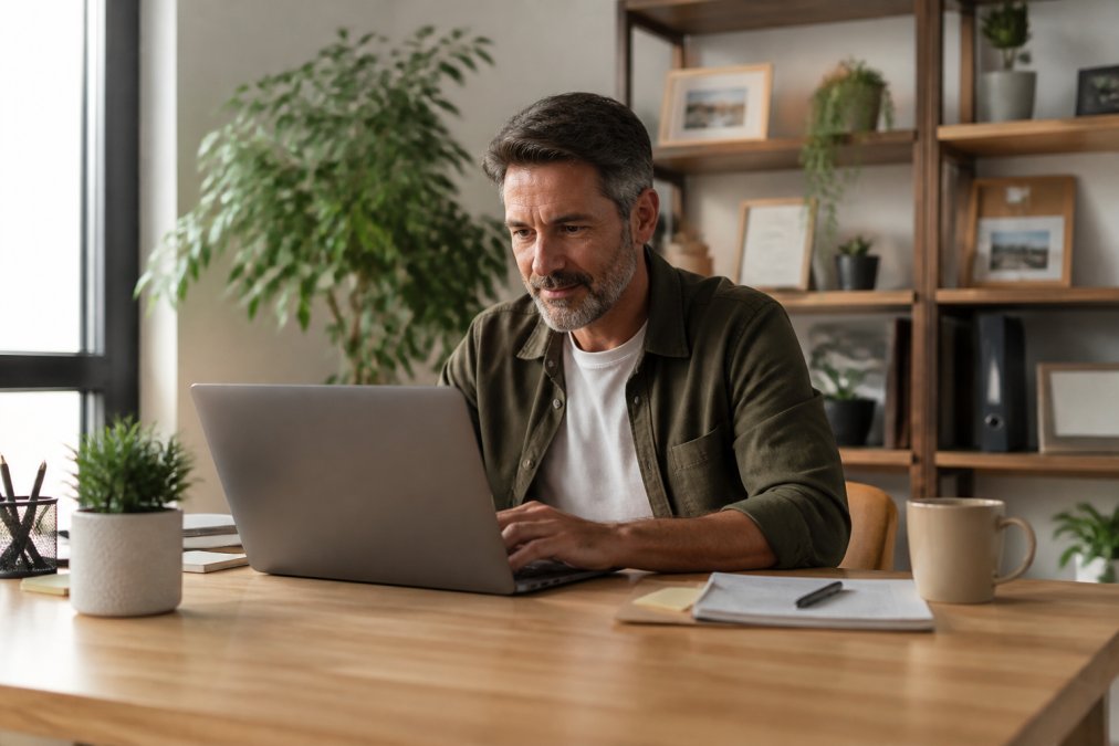 Dueño de pequeño negocio sentado en un escritorio ordenado revisando la pantalla de un portátil que muestra un panel de CRM con listas de contactos, en un entorno de oficina doméstica con luz natural