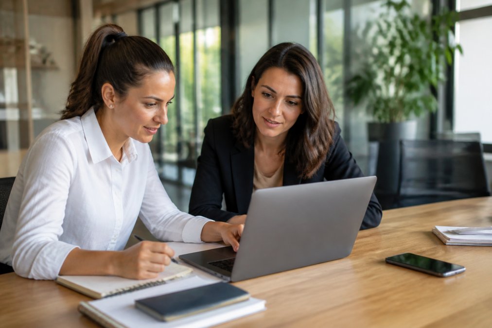 Responsable de una pequeña empresa y una consultora revisando un panel de CRM en un portátil sobre una mesa de oficina luminosa, con notas y un smartphone al lado