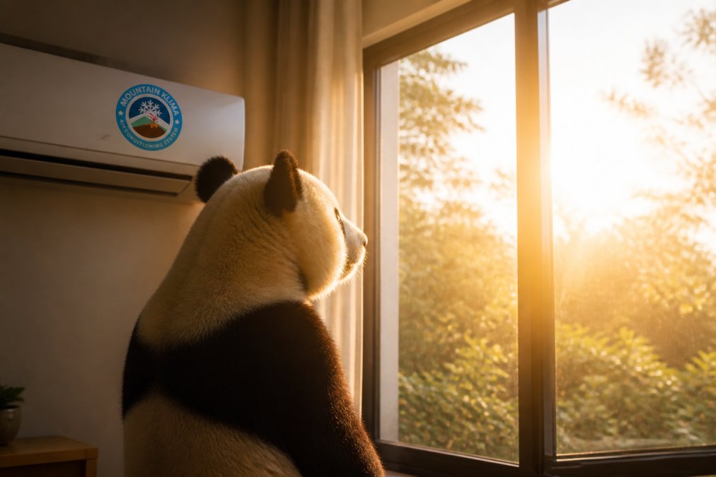 Un oso panda observando una ventana grande con luz solar intensa entrando en una habitación, representando cómo la orientación y las ventanas afectan la carga térmica
