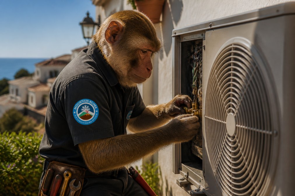 Un mono inteligente inspeccionando cuidadosamente una unidad de aire acondicionado, simbolizando el mantenimiento técnico especializado y la atención al detalle