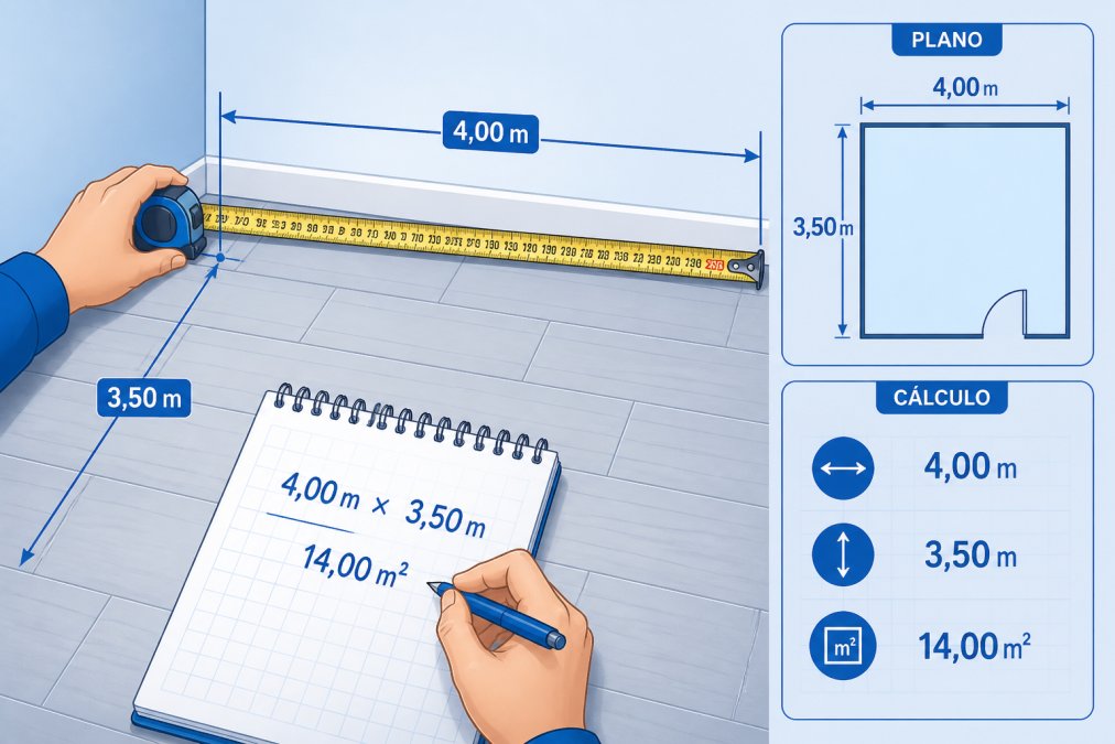 Hands holding a measuring tape against a floor while marking dimensions on a notepad, showing practical measurement of a room corner with clear visibility of the tape measure and writing surface