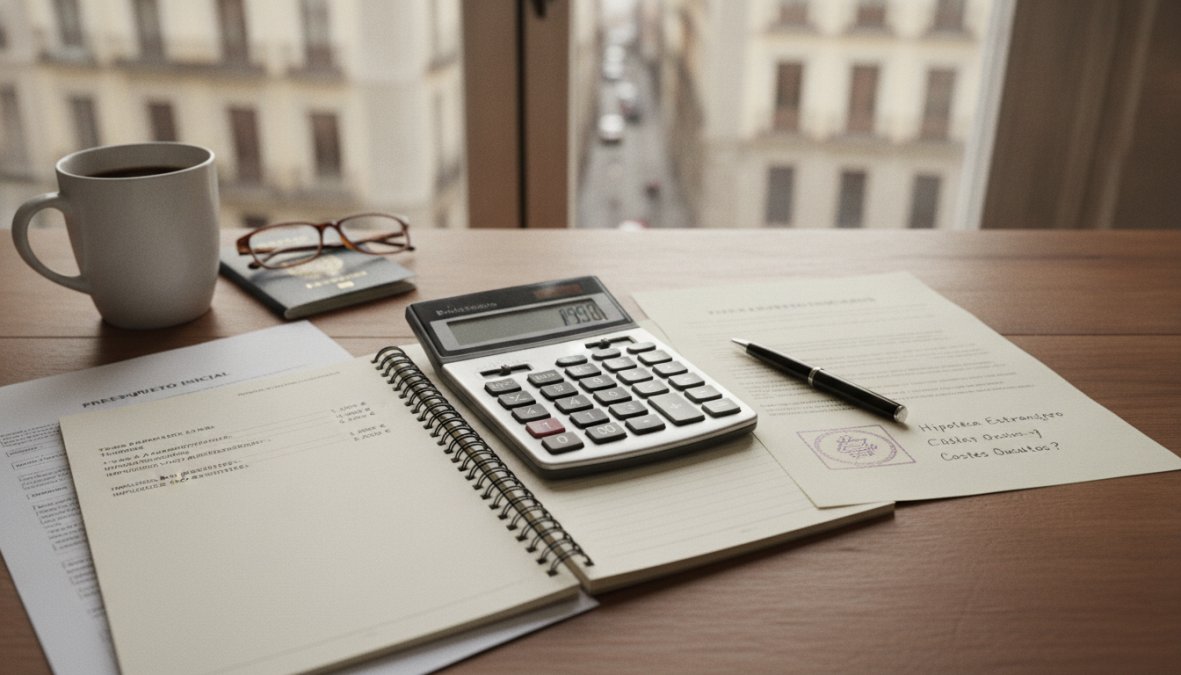 Primer plano de manos masculinas sosteniendo una calculadora sobre documentos con cifras financieras y un bolígrafo sobre una mesa de madera oscura, con luz natural lateral