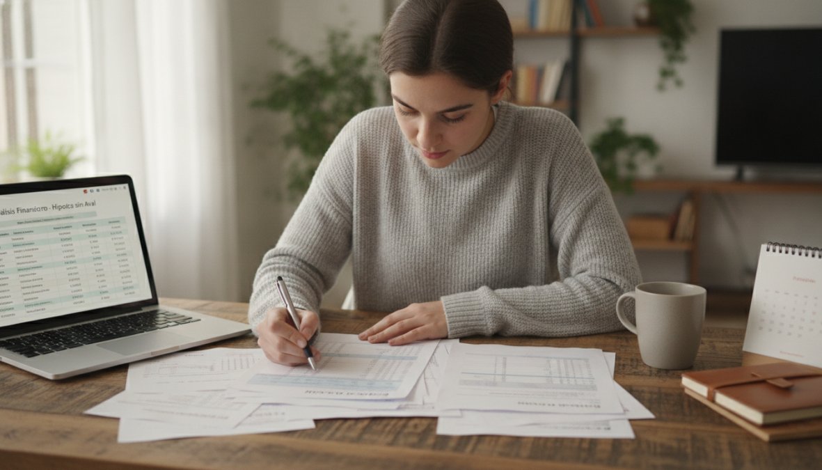 Persona joven sentada en una mesa de trabajo ordenada revisando documentos financieros y extractos bancarios, con un portátil abierto mostrando una hoja de cálculo de ingresos, iluminación natural de ventana lateral