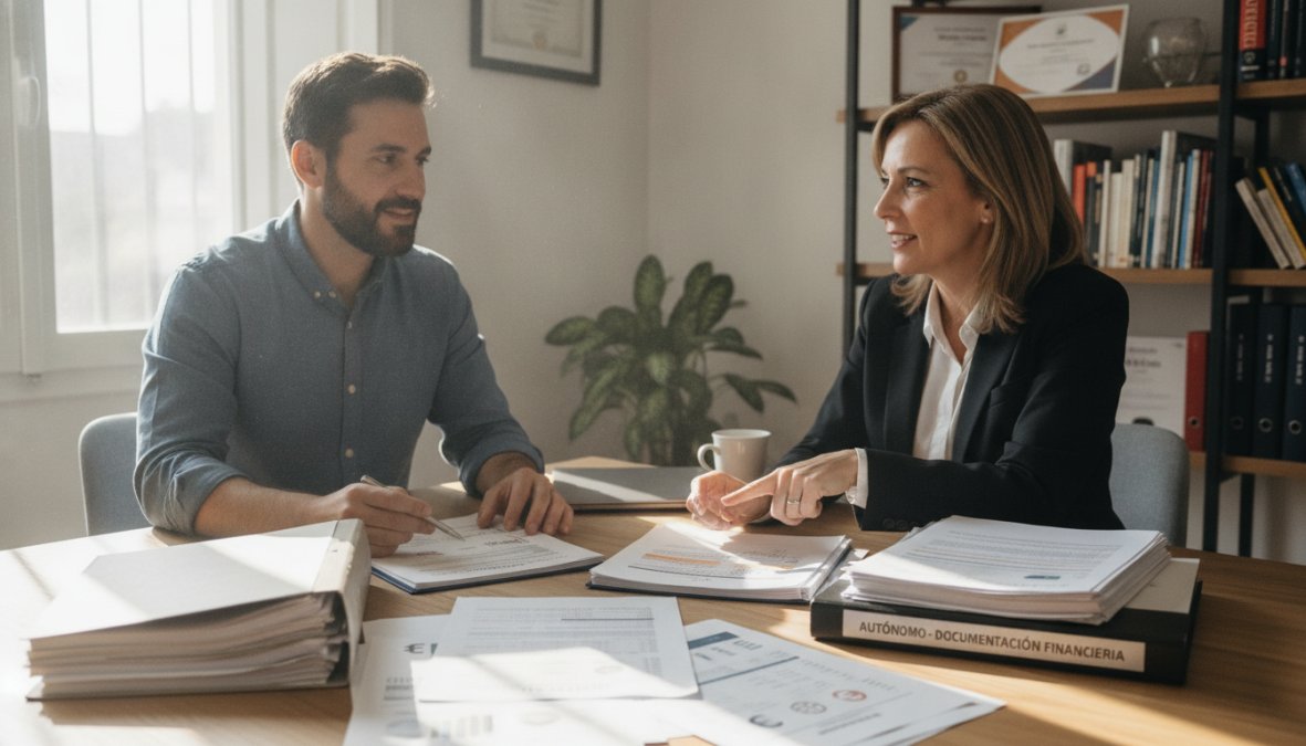 Trabajador autónomo en su espacio de trabajo luminoso hablando con un asesor financiero, ambos sentados frente a una mesa con documentación fiscal, declaraciones de la renta e informes de ingresos extendidos, iluminación de oficina cálida