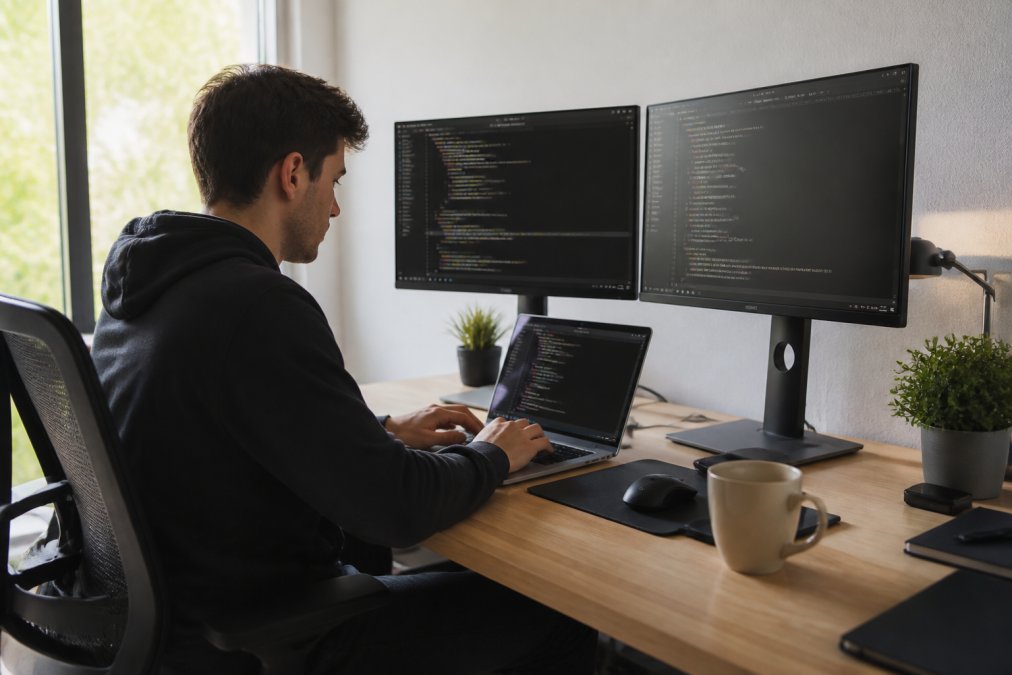 Joven desarrollador escribiendo código en Visual Studio Code, con una taza de café al lado, en un escritorio luminoso con monitor dual, enfocado en la pantalla