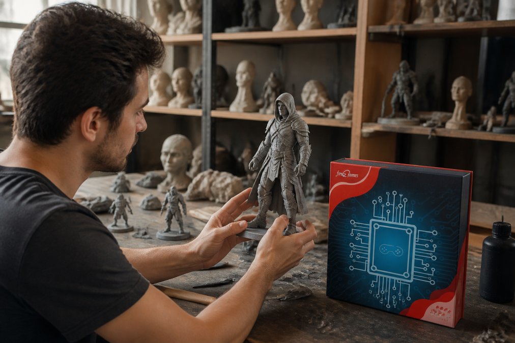 Profesional de diseño 3D revisando modelos 3D generados por IA en su estación de trabajo, con múltiples pantallas mostrando renders de personajes, objetos del entorno y software de modelado 3D