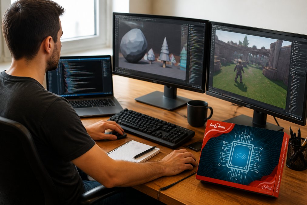 Desarrollador trabajando en su escritorio con múltiples pantallas mostrando herramientas de desarrollo, código en un editor de texto, assets 3D en software de modelado y un prototipo de juego en ejecución