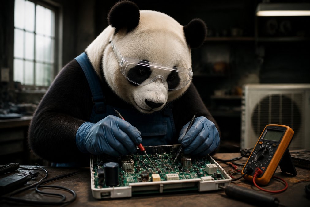 Un oso panda con gafas de protección y guantes examina con cuidado una placa electrónica de aire acondicionado sobre una mesa de trabajo, con un multímetro a su lado en un taller limpio y bien iluminado