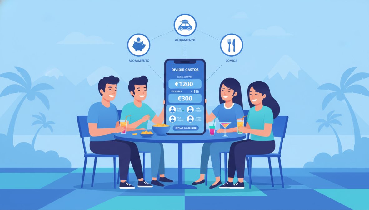 Grupo de amigos jóvenes sentados alrededor de una mesa al aire libre en un destino turístico, riendo y mirando juntos la pantalla de un smartphone mientras tienen bebidas y snacks sobre la mesa, con luz natural de tarde