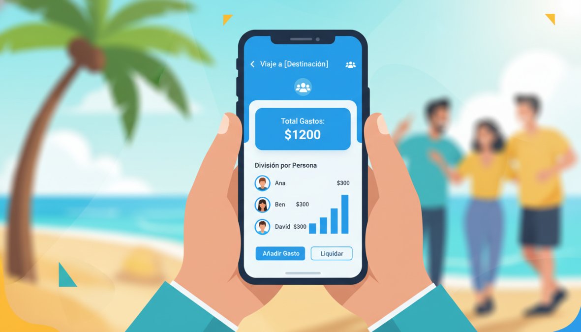 Primer plano de manos sosteniendo un smartphone que muestra una app de división de gastos, con un grupo de amigos desenfocados al fondo en un destino turístico soleado, luz natural brillante
