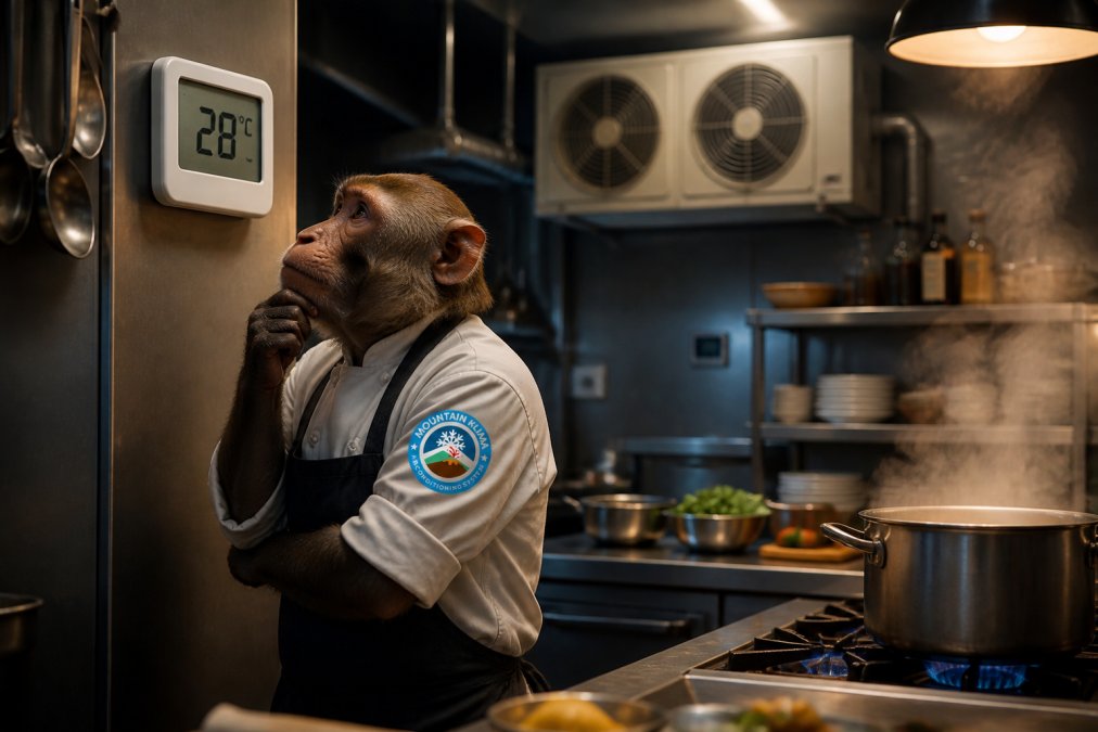 Un mono observador dentro de una cocina de restaurante moderna, mirando un termómetro digital grande en la pared que marca 28°C, con equipos de climatización visibles al fondo y vapor saliendo de una olla