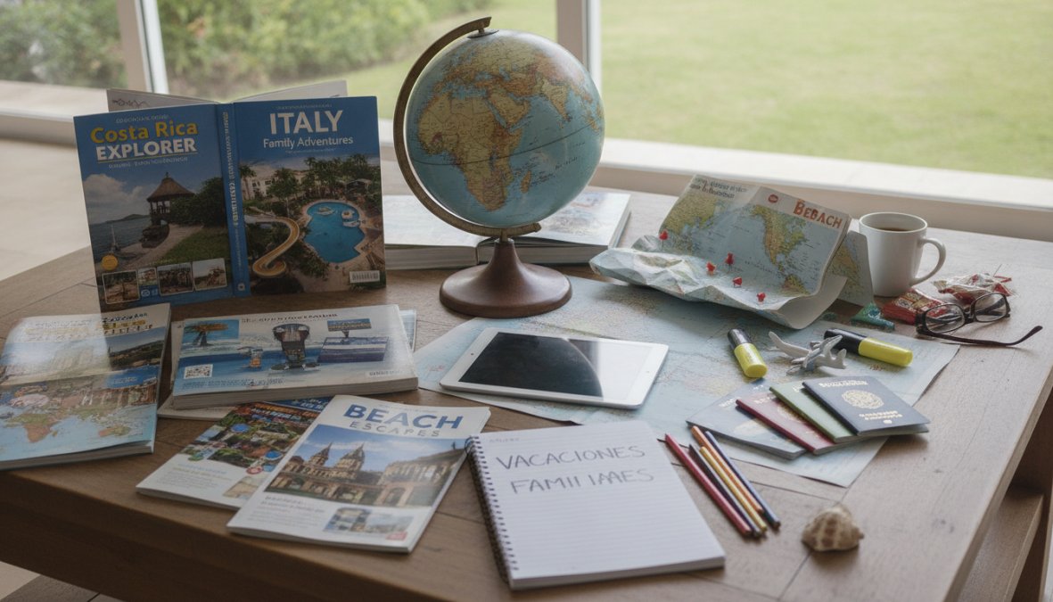 Familia multigeneracional de cuatro personas sonriendo alrededor de una mesa de madera con mapas desplegados, pasaportes, una laptop abierta mostrando destinos y notas escritas a mano bajo luz cálida de interior