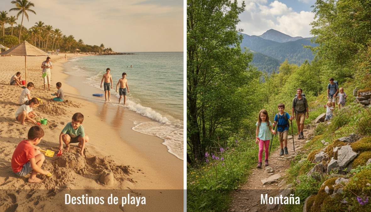 Grupo familiar de cuatro personas con niños de distintas edades, unos construyendo castillos en una playa de arena dorada bajo el sol de mediodía y otros con botas de senderismo caminando por un sendero de montaña entre árboles en otoño