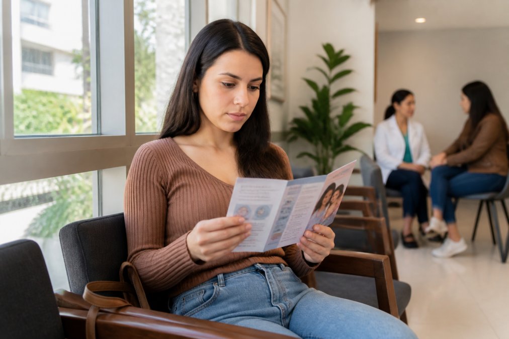 Mujer joven sentada en una sala de espera de una clínica moderna, sosteniendo un folleto informativo y mirando con atención, con luz natural entrando por una ventana