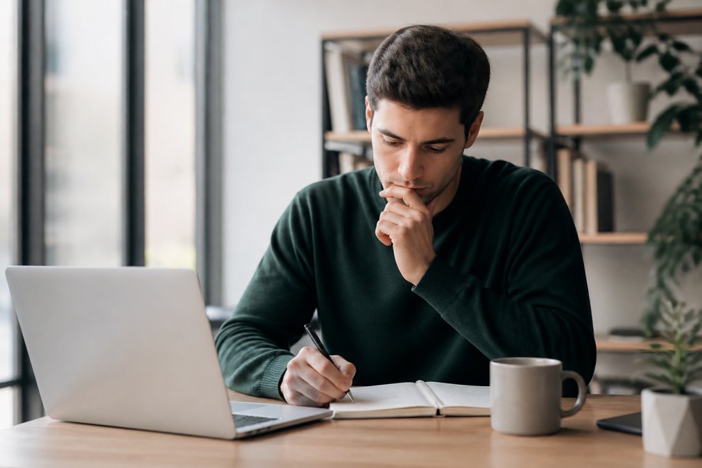 Joven profesional en escritorio bien iluminado con laptop abierta, tomando notas en cuaderno mientras reflexiona, con taza de café al lado