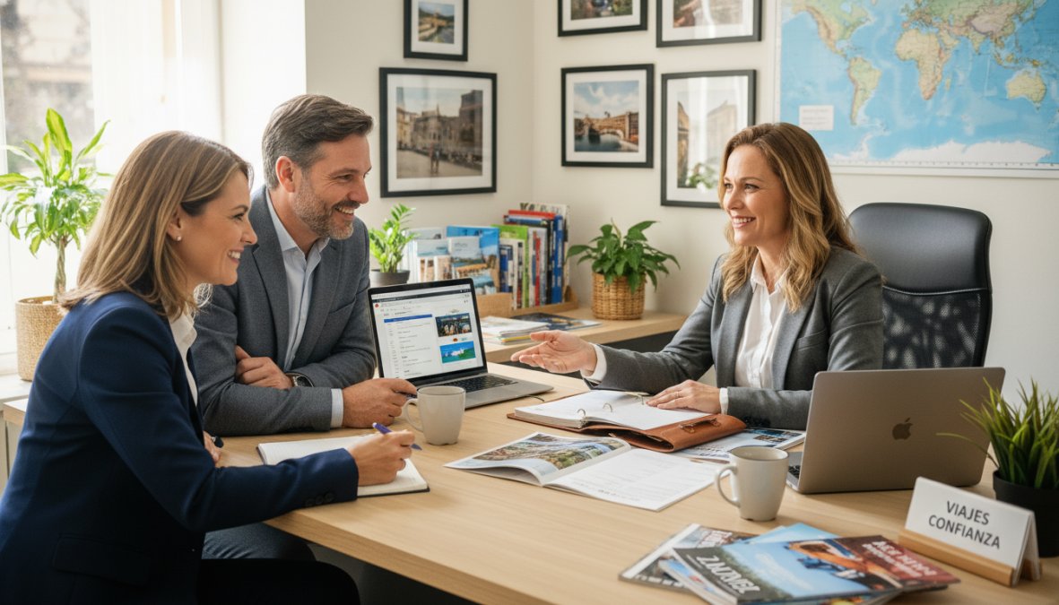 Cómo elegir una agencia de viajes fiable: guía completa 3 Travel consultant sitting at a bright office desk reviewing printed travel itineraries and a laptop with a smiling couple seated across the table, warm natural light coming through large windows