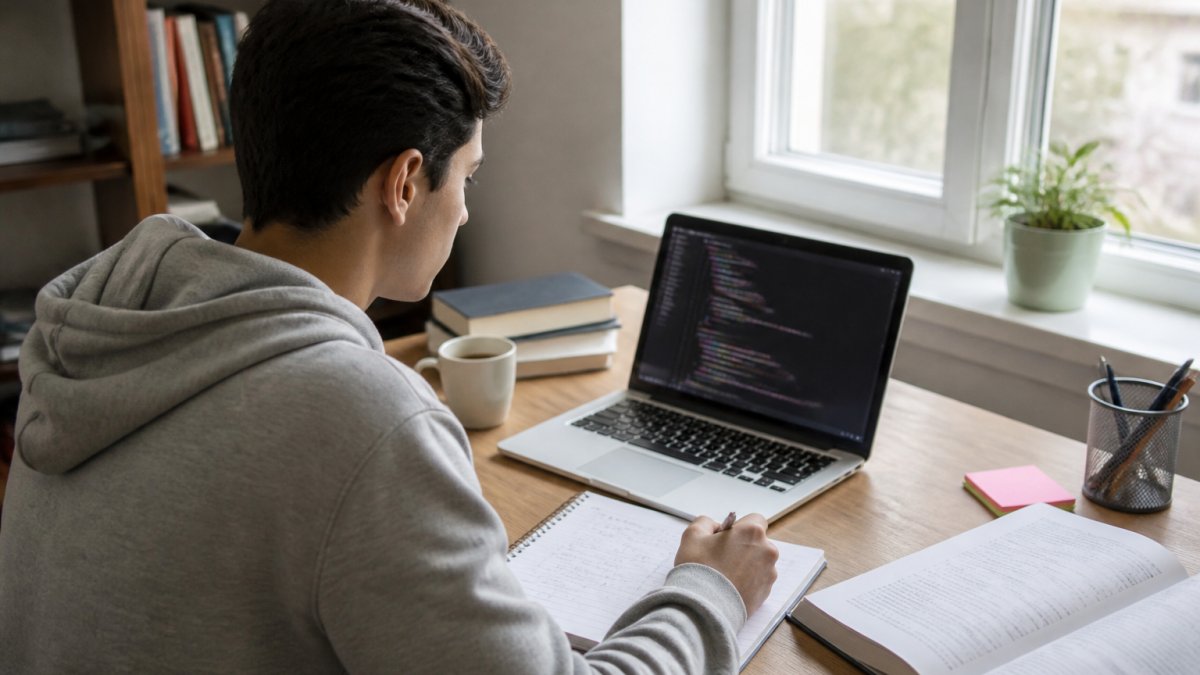 Joven estudiando programación con Python en un portátil frente a un cuaderno en un ambiente tranquilo