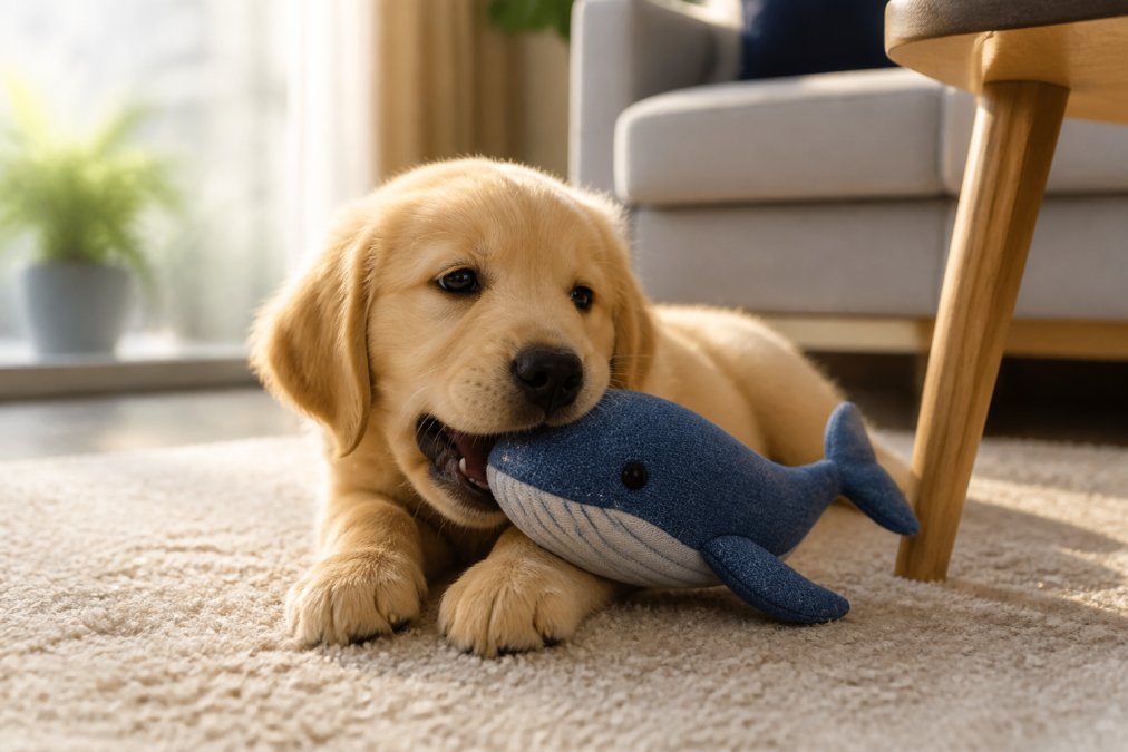 Un cachorro de Labrador dorado mordiendo un juguete de tela con forma de ballena sobre una alfombra clara en una sala de estar, con la pata de un mueble de madera visible al fondo y luz natural de tarde entrando por una ventana