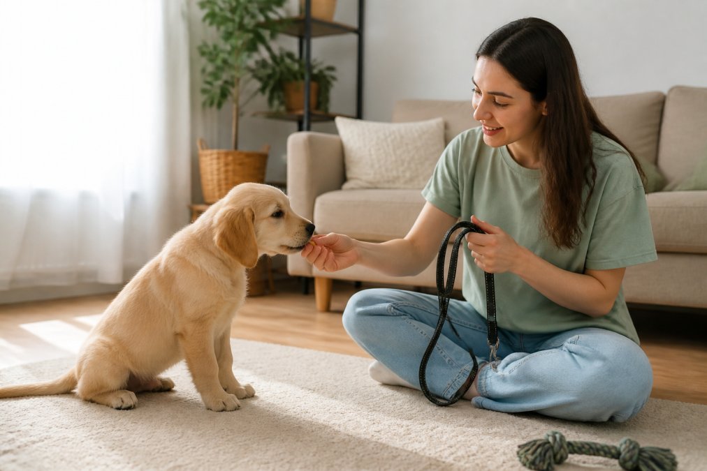 Una persona joven sentada en el suelo de una sala de estar luminosa, sosteniendo una correa y ofreciendo una golosina a un cachorro golden retriever que la huele con curiosidad. El ambiente es tranquilo y el cachorro parece relajado.