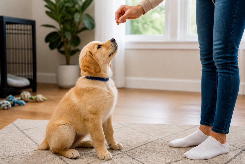 Young puppy sitting attentively while a person's hand holds a treat just above its head in a bright indoor training room with natural window light