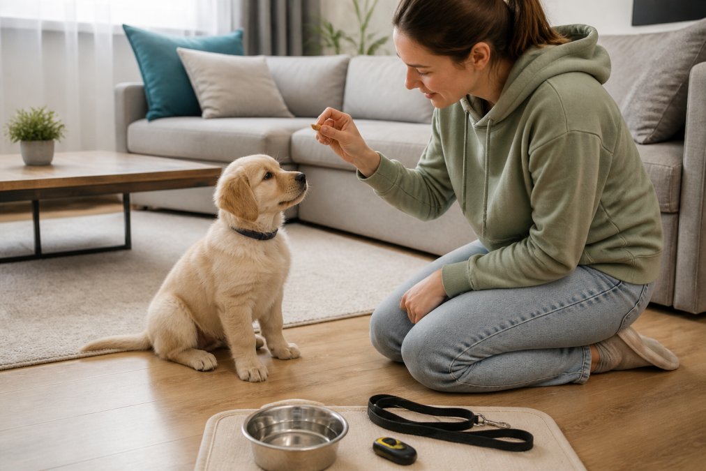 A young puppy sitting calmly on a living room floor while its owner kneels beside it holding a small training treat, with a leash, clicker and a bowl of water visible on a nearby mat in a bright, tidy home