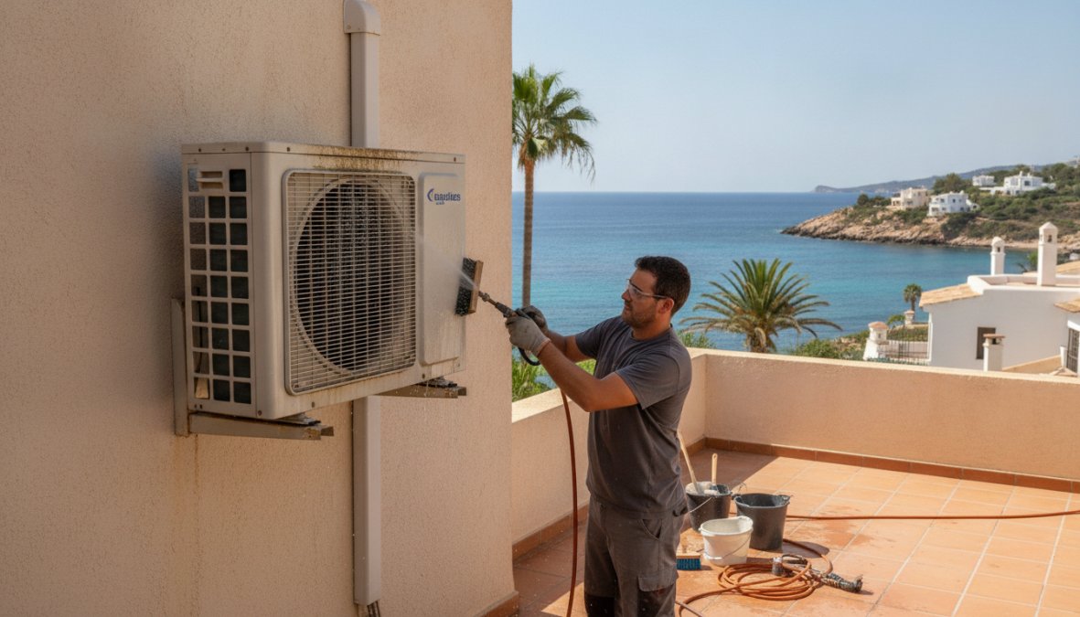 Técnico con ropa de trabajo limpiando con cuidado la unidad exterior de un aire acondicionado montada en la pared exterior de una vivienda costera, con el mar visible al fondo bajo la luz del sol de mediodía