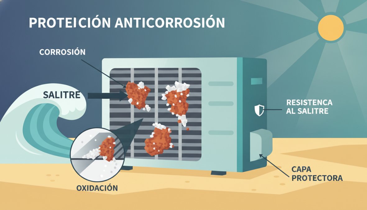Primer plano de la unidad exterior de un aire acondicionado mostrando corrosión salina visible y óxido en las aletas metálicas, ubicada cerca de la costa con suelo arenoso y luz solar intensa