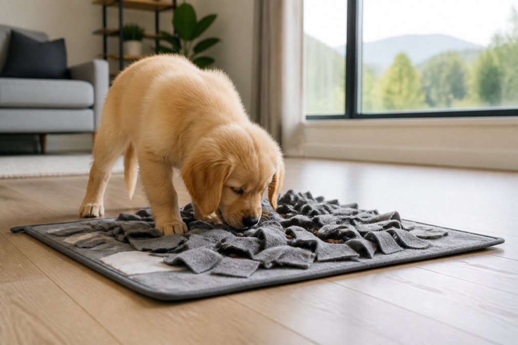 A focused golden puppy using a snuffle mat on the floor of a modern living room, with natural light coming through a large window