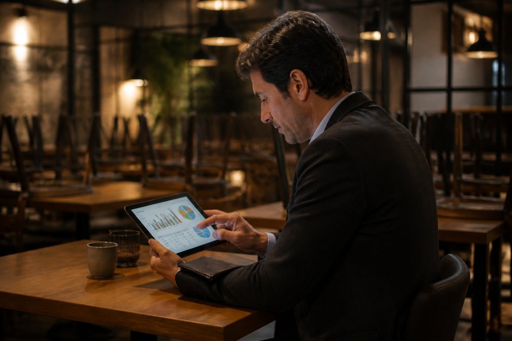 A restaurant manager in a dark blazer reviewing a tablet showing colorful sales analytics at a table in a modern, softly lit restaurant after closing hours, chairs stacked on tables in the background