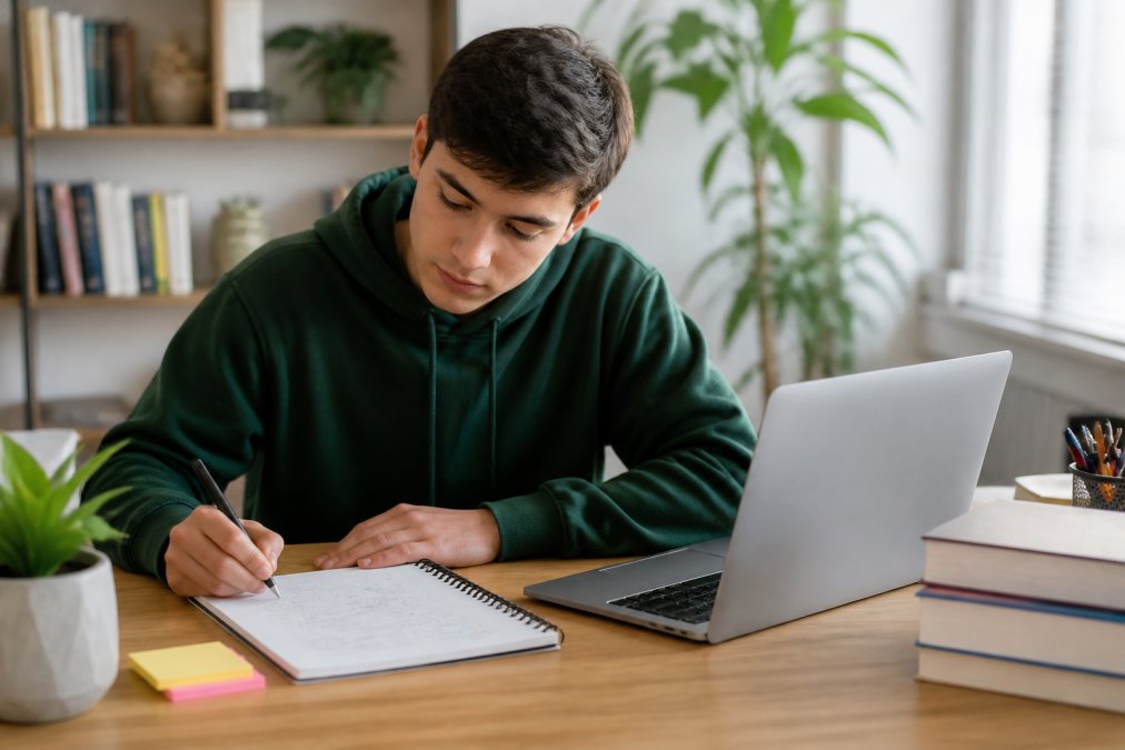 Estudiante joven escribiendo en un cuaderno con un portátil abierto, mostrando el proceso de planificación de un algoritmo en un escritorio limpio y bien iluminado
