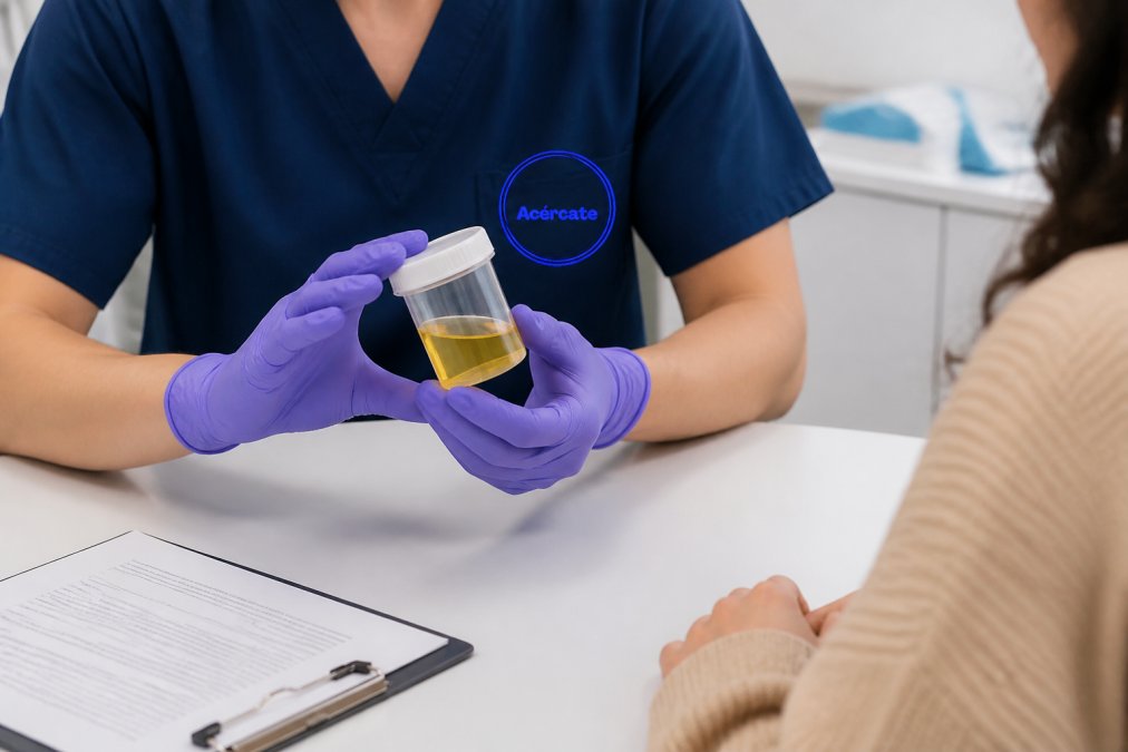 Manos de un profesional de la salud con guantes morados mostrando un frasco de recolección de orina estéril sobre una superficie clínica limpia, con instrucciones impresas al lado