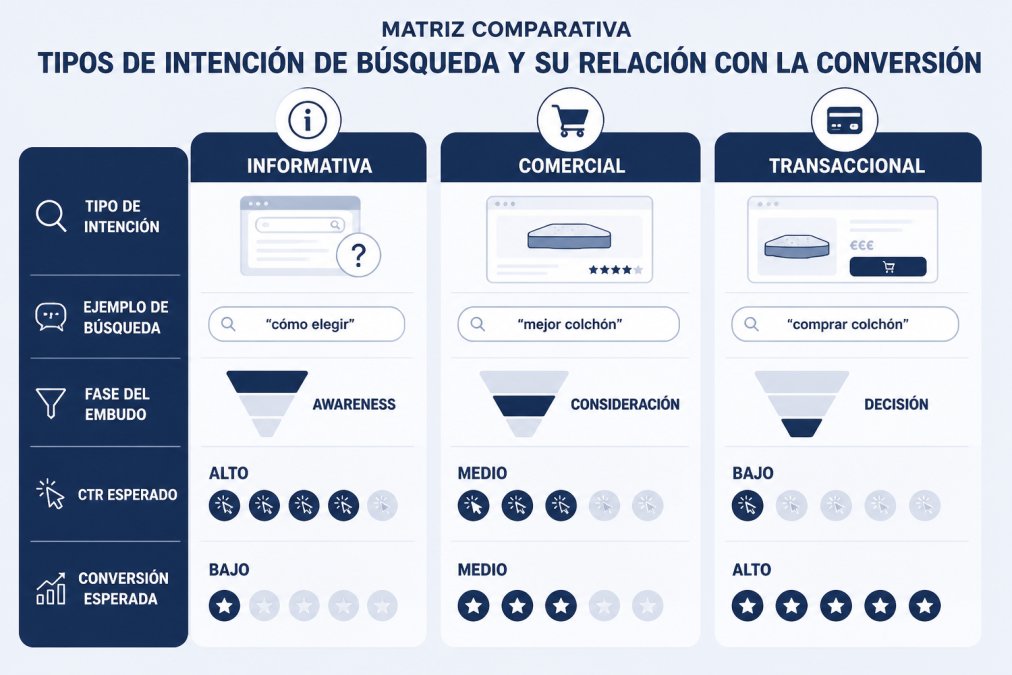 Matriz comparativa de tipos de intención de búsqueda: Informativa (ej. "cómo elegir", fase awareness, CTR alto, conversión baja) vs Comercial (ej. "mejor colchón", fase consideración, CTR medio, conversión media) vs Transaccional (ej. "comprar colchón", fase decisión, CTR bajo, conversión alta)
