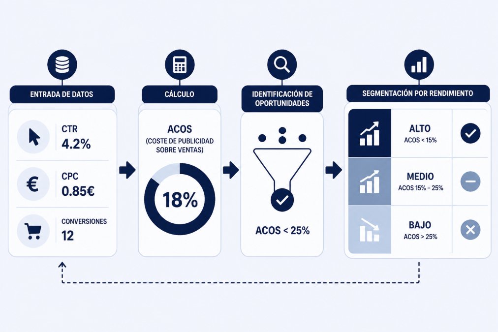 Diagrama de flujo de análisis de keywords en Amazon Ads: entrada de datos (CTR 4.2%, CPC 0.85€, conversiones 12) → cálculo de ACOS (Ad Cost of Sales) 18% → identificación de oportunidades (keywords con ACOS < 25%) → segmentación por rendimiento (alto, medio, bajo)