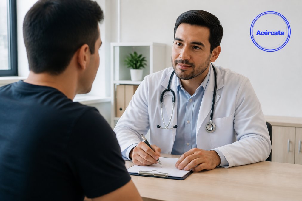 Médico profesional en consultorio moderno con paciente en ambiente seguro y confidencial, transmitiendo confianza y discreción