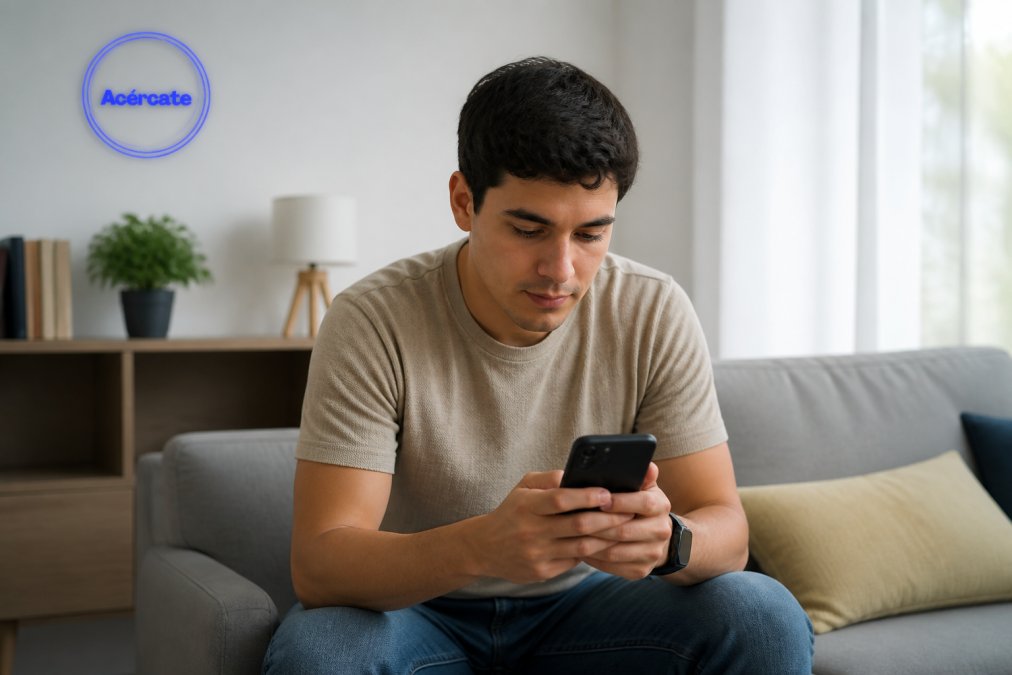 Persona joven adulta en ambiente tranquilo sosteniendo teléfono móvil, buscando información de salud en línea