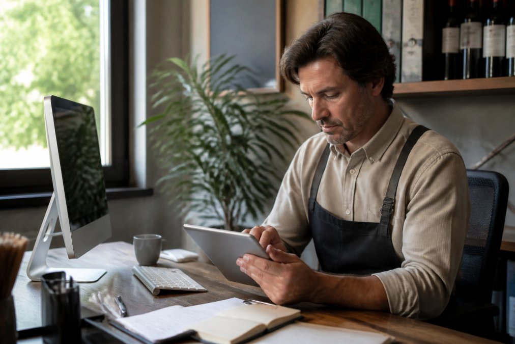 Dueño de restaurante integrando sus menús digitales pedidos con el sistema POS desde una tablet y ordenador
