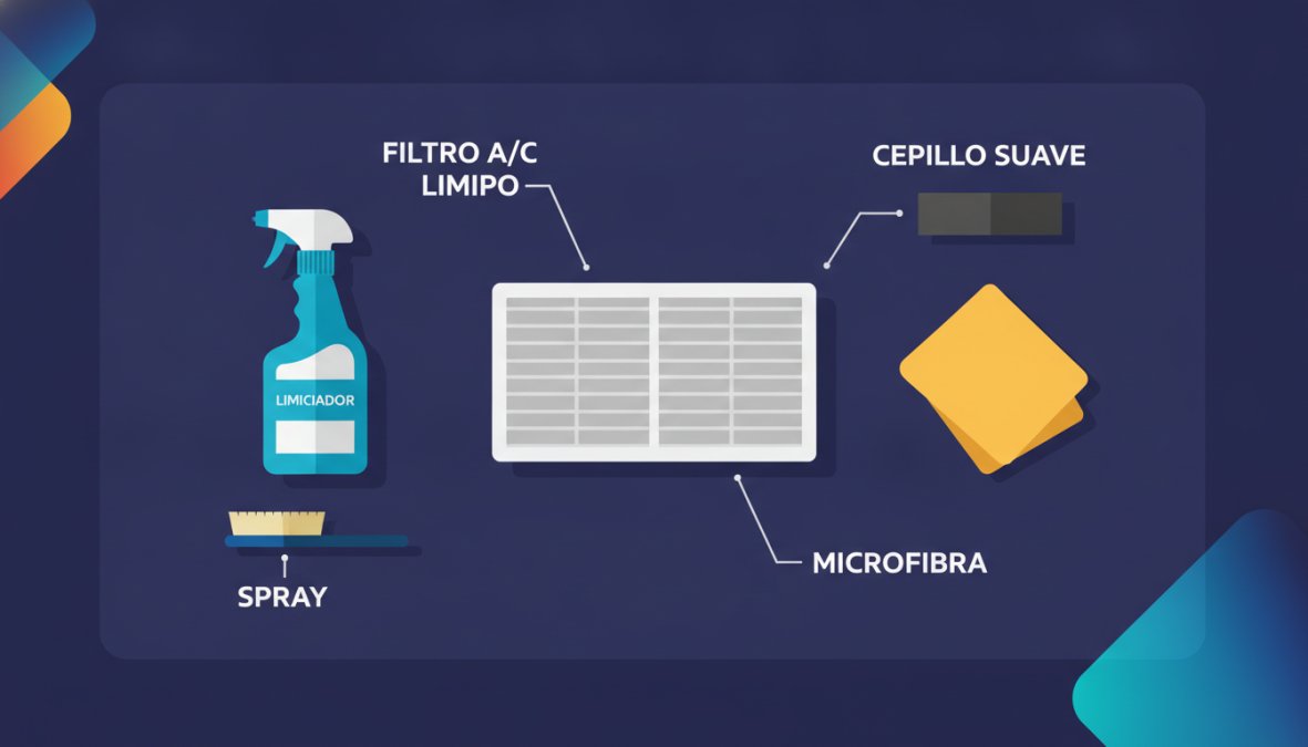 Vista cenital de una mesa de madera con productos de limpieza ordenados: spray transparente, cepillo de cerdas blancas, paño de microfibra azul doblado y un filtro de aire acondicionado limpio de color blanco bajo luz natural de ventana