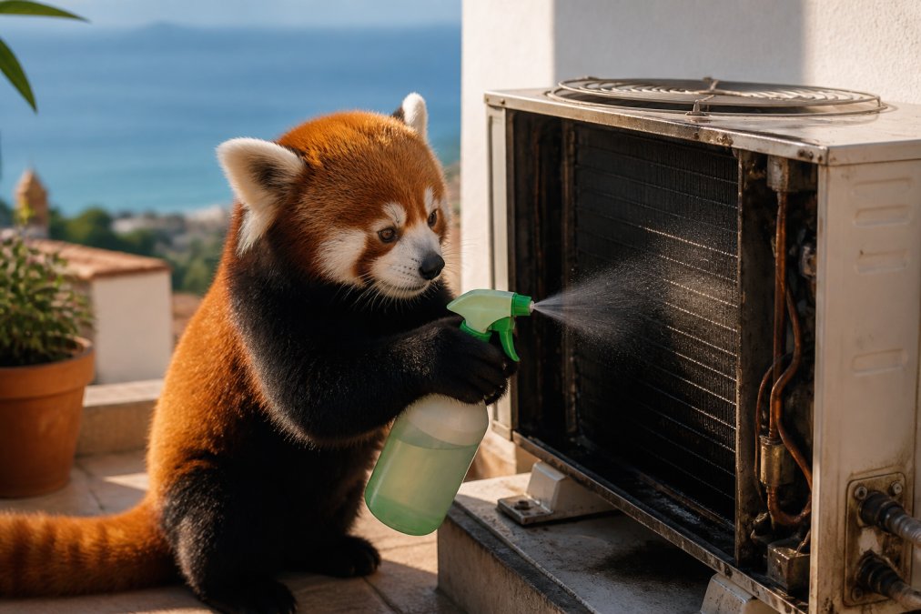 Un panda rojo sentado junto a una unidad exterior de aire acondicionado abierta en una terraza soleada con vistas al mar Mediterráneo, sosteniendo una botella de spray biodegradable en sus patas