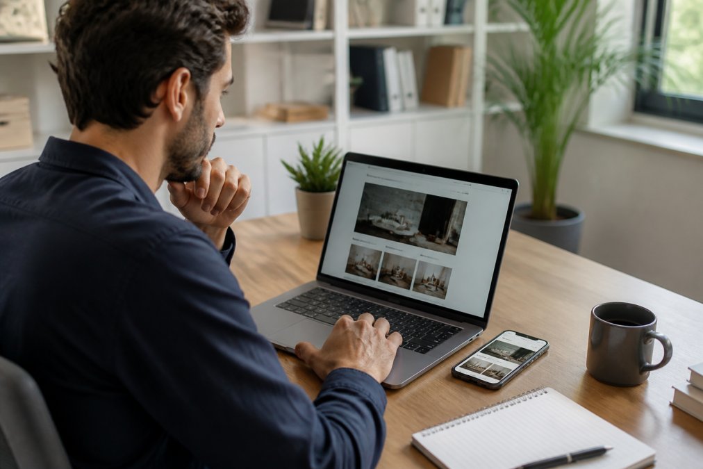 Persona revisando en un portátil el panel de métricas de rendimiento de una web, con un móvil al lado mostrando la misma página, en un escritorio de trabajo luminoso