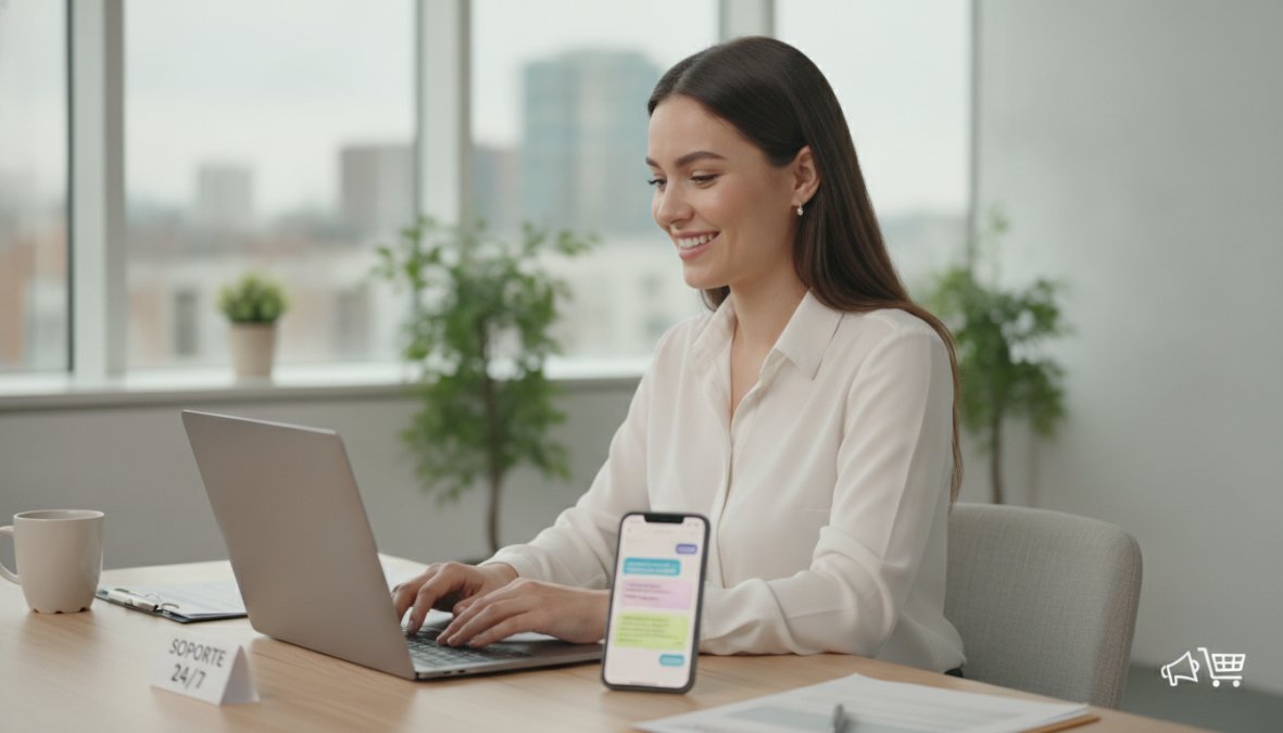 Smiling customer service professional working on a laptop at a modern desk, a smartphone beside them displaying an active chat conversation, bright professional office environment with natural light