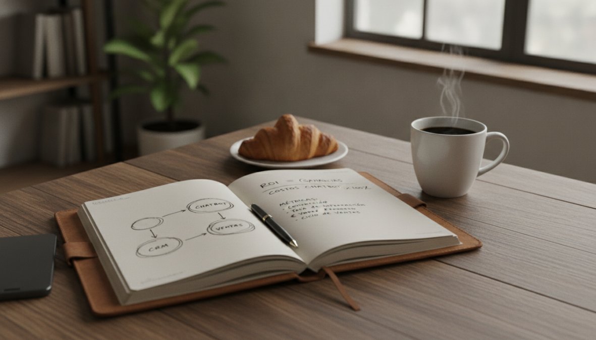 Business analyst reviewing sales dashboard data on a large monitor in a contemporary office, notebook and coffee on the desk, focused expression, warm professional lighting