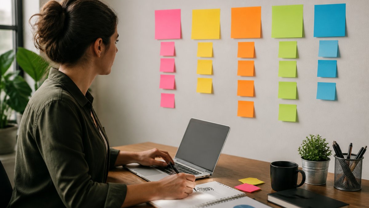 Persona revisando un panel de CRM en un portátil sobre una mesa de oficina, con notas adhesivas de colores pegadas en la pared al fondo representando etapas de un proceso