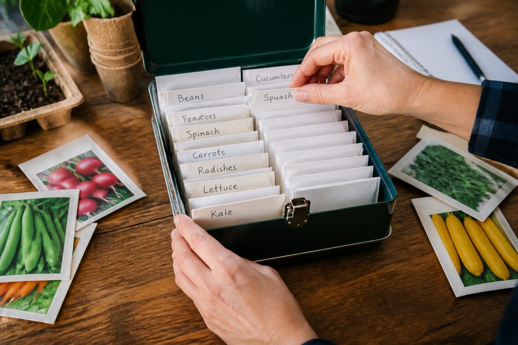 Manos de una persona ordenando sobres de semillas etiquetados dentro de un organizador de semillas sobre una mesa de madera, con etiquetas escritas a mano visibles y varios paquetes de semillas hortícolas alrededor
