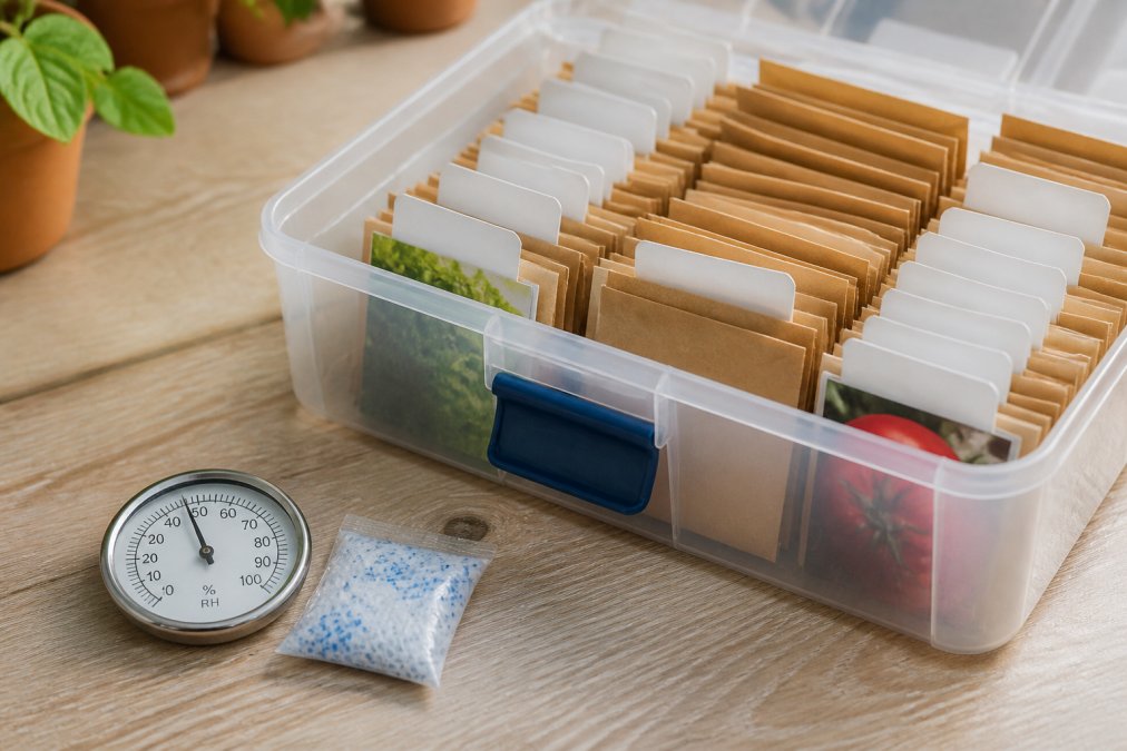 Primer plano de un recipiente hermético con sobres de semillas bien organizados y etiquetados, junto a un pequeño higrómetro y un paquete de gel de sílice, sobre una superficie de madera clara en un entorno doméstico