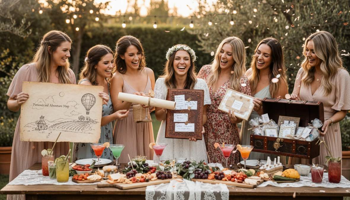 Grupo de mujeres riendo y celebrando en una playa soleada, con atuendos coordinados en tonos rosados, sosteniendo cócteles tropicales y rodeadas de decoración festiva de despedida de soltera, con el mar turquesa de fondo