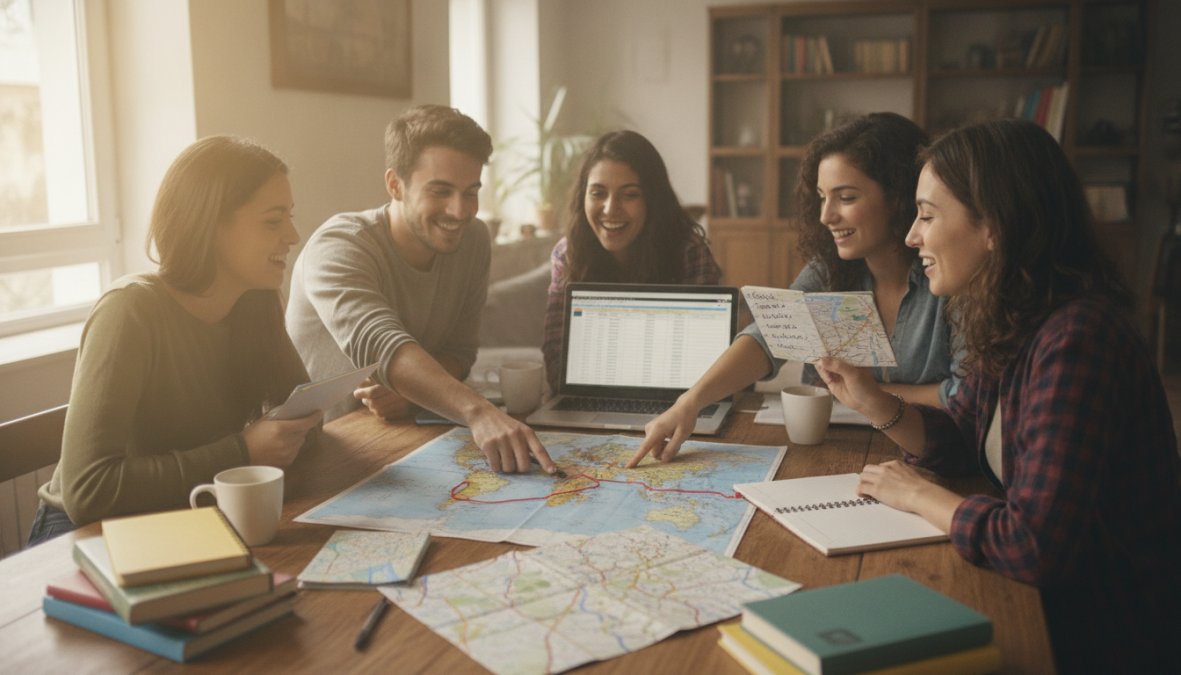 Cómo planificar un viaje grupal con amigos sin estrés 3 Amigos jóvenes planificando un viaje grupal con mapas y portátil para saber cómo planificar un viaje grupal con amigos sin...