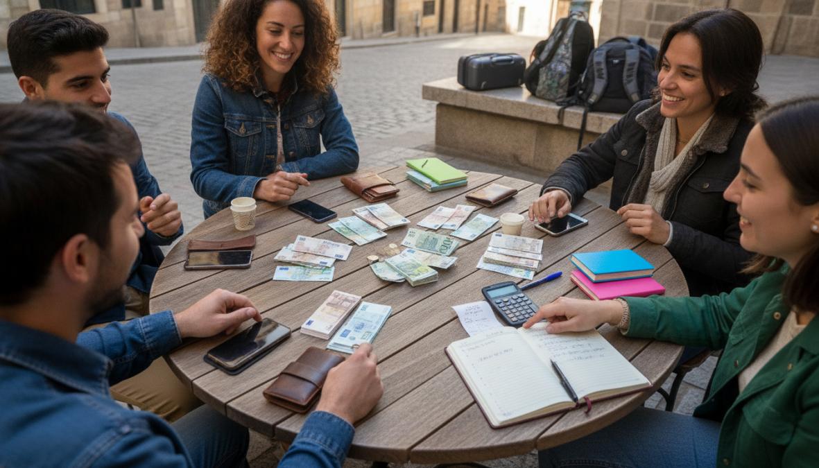 Cómo planificar un viaje grupal con amigos sin estrés 4 Primer plano de cuatro manos sosteniendo teléfonos móviles con una aplicación de gastos compartidos abierta en pantalla, sobre una mesa de café con recibos en papel, tarjetas de crédito y una agenda de viaje, iluminados por luz cálida de interior