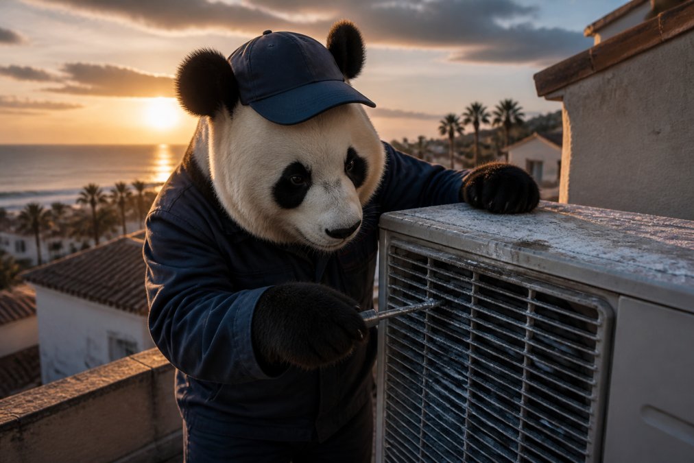 Un oso panda con gorra de técnico revisando la unidad exterior de un aire acondicionado en una terraza junto al mar, con sal visible en las rejillas metálicas y luz de atardecer dorado